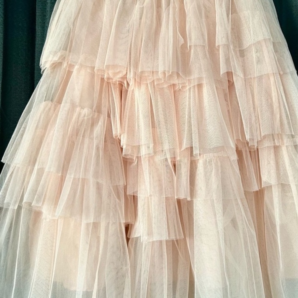 Soft pink Midi Skirt with Ruffled Tiers lined underskirt